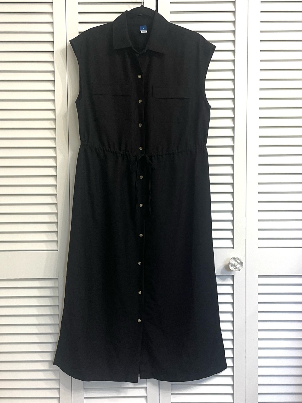 Old Navy Black Button Front Sleeveless Midi Shirt Dress Tie Waist Side Slits S